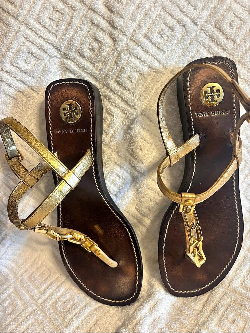 Tory Burch Brown Leather Chain Link T-Strap Flat Sandals